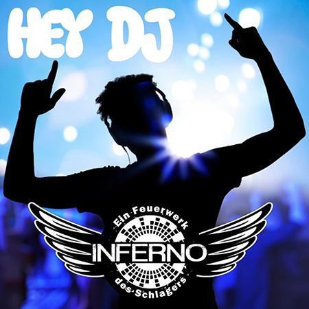 Silhouetted DJ with hands raised on a club stage, glowing blue lights and the words 'HEY DJ' above.